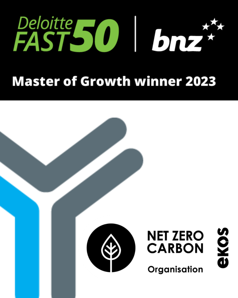 Younity logo device with Deloitte Fast 50 Masters of Growth 2023 winner logo and Net Zero Carbon Organisation logo from Ekos.